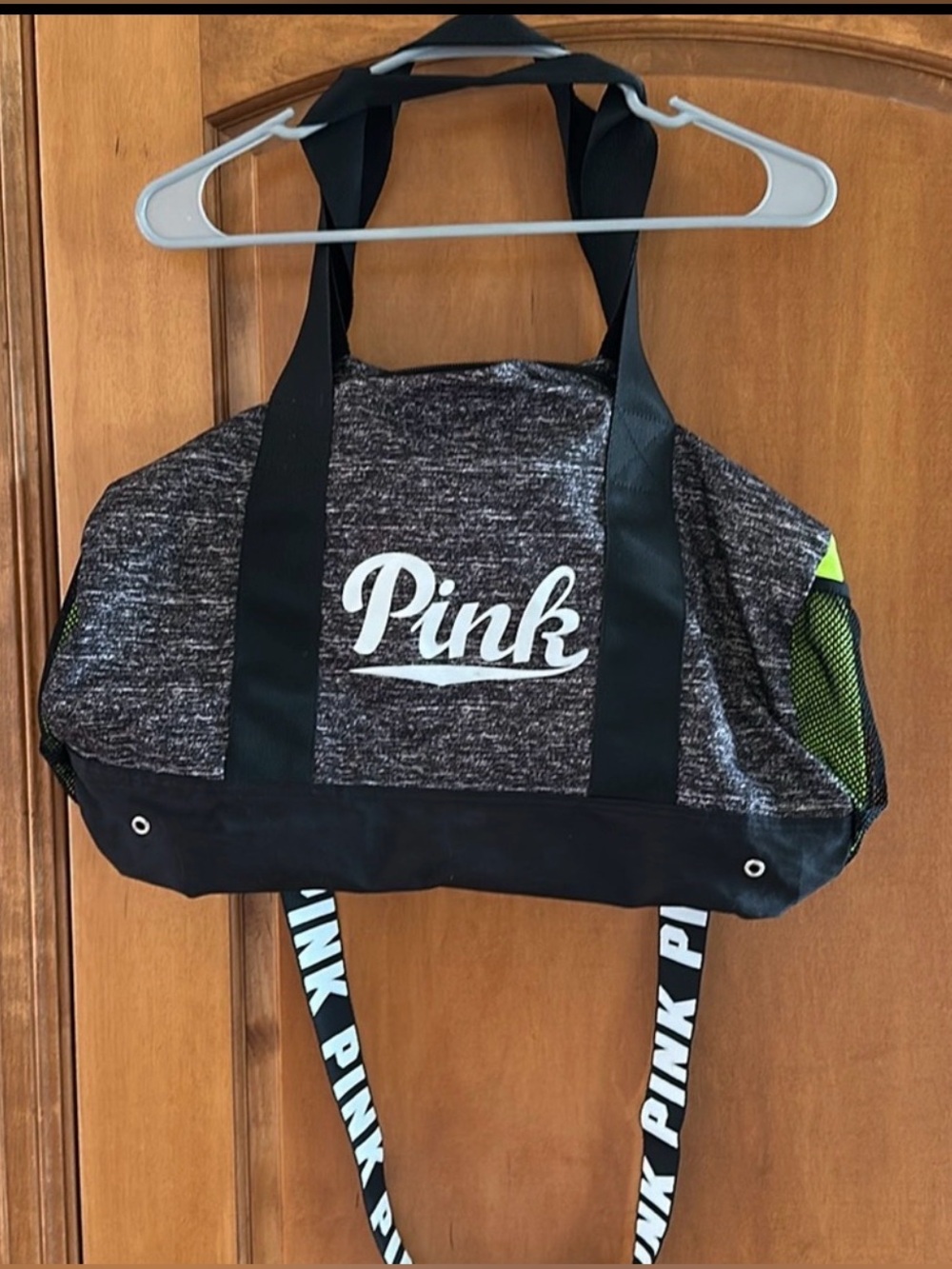 Victoria's Secret PINK Gray Black & Neon Green Marled Duffle Gym Travel Bag